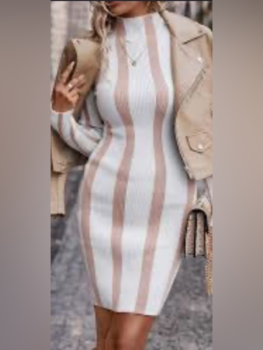 SHEIN White and Beige Vertical Stripe Bodycon Midi Dress